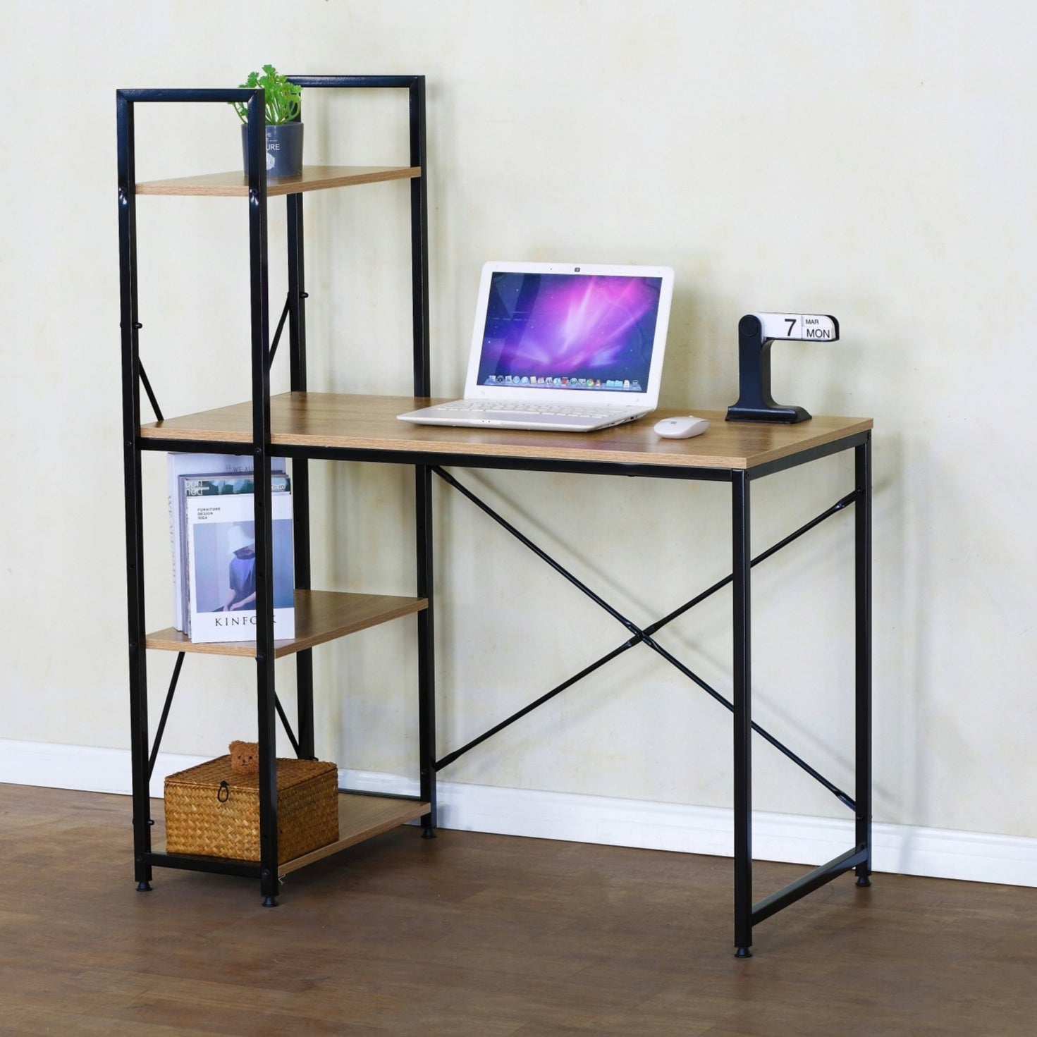 Birou modern cu etajera integrata, Zola, 100 x 52 x 120 cm, 3 rafturi, cadru metalic, blat spatios, stejar natur Birou modern cu etajera integrata, Zola, 100 x 52 x 120 cm, 3 rafturi, cadru metalic, blat spatios, stejar natur